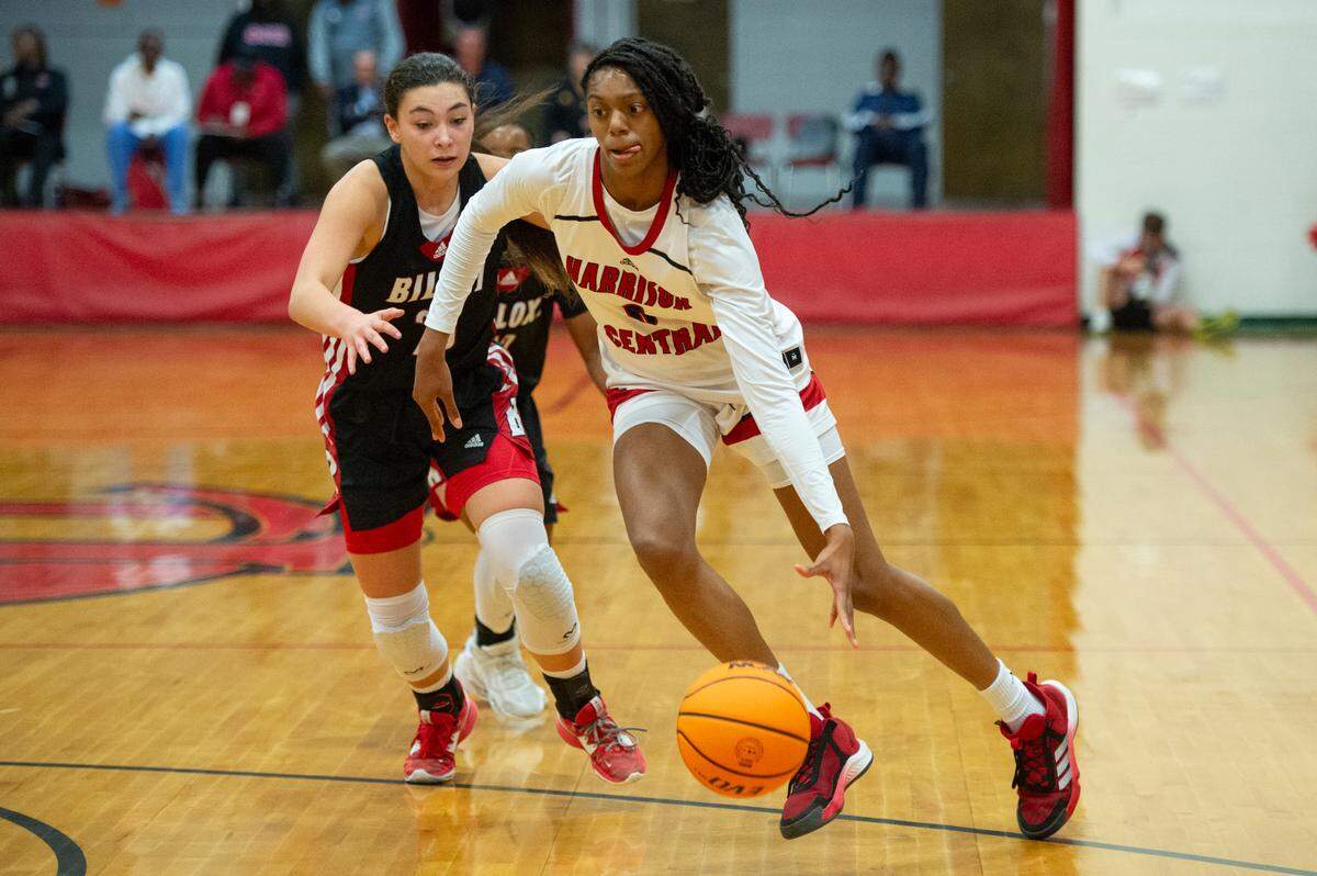 Harrison Central’s Anaisha Carriere dribbles the ball during a game against Biloxi at Harrison Central High School in Harrison County on Tuesday, Dec. 12, 2023.