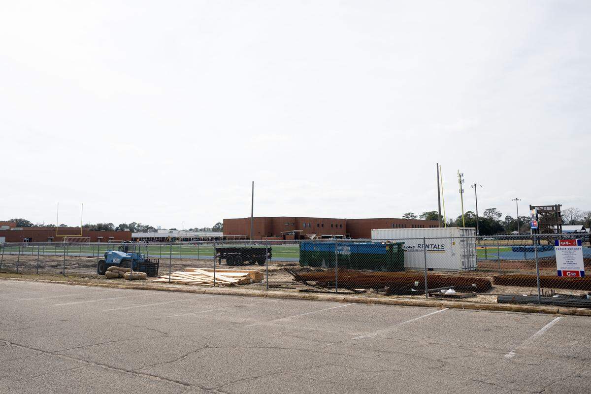 Landscaping and construction is performed on the Gulfport High School track and football field on Wednesday, Feb. 4, 2026.