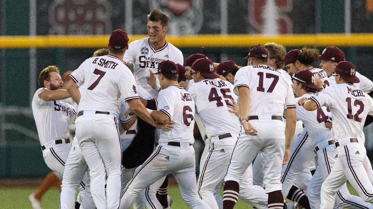 Mississippi State players celebrate their walk-off run to win against Texas during a baseball game in the College World Series Saturday, June 26, 2021, at TD Ameritrade Park in Omaha, Neb. (AP Photo/Rebecca S. Gratz)