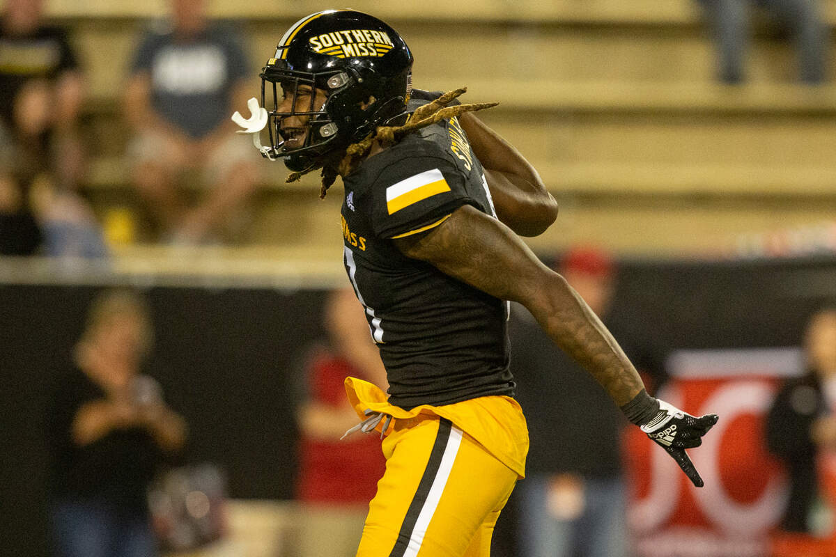 Southern Miss Golden Eagles safety Jay Stanley (21) celebrates during a game against Arkansas State at M.M. Roberts Stadium in Hattiesburg on Saturday, Oct. 15, 2022.