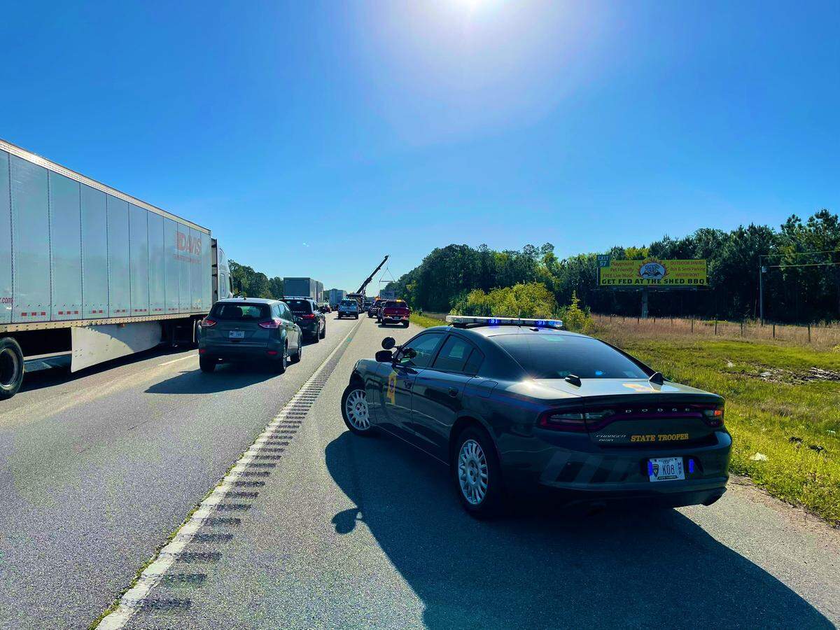 Mississippi Highway Patrol is on the scene of a fatal wreck on Interstate 10 near Exit 50 in Jackson County on April 7, 2022.