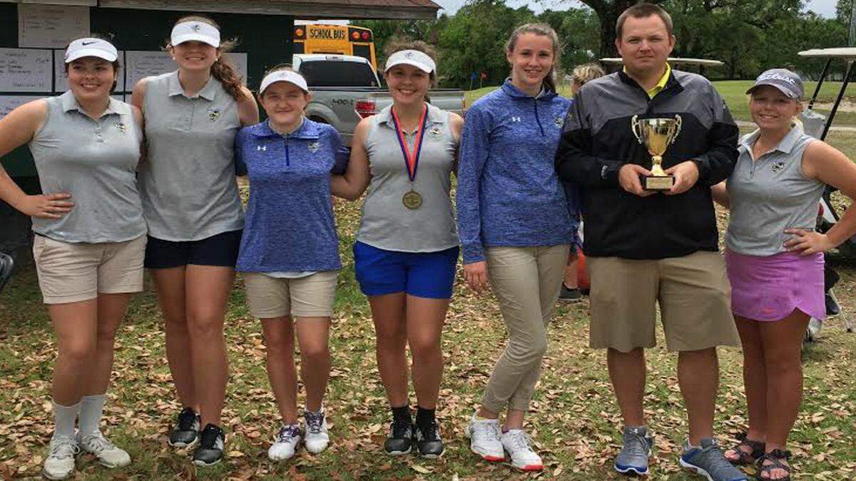 SUBMITTED 
 St. Martin's girls golf team won the Lady Admiral Invitational on Tuesday at the Great Southern Golf Club. Pictured are Lindsey Wescovich, Caroline Gavins, Olivia hodges, Jordan Wescovich, coach Brandon Laird and Sydney Cato.