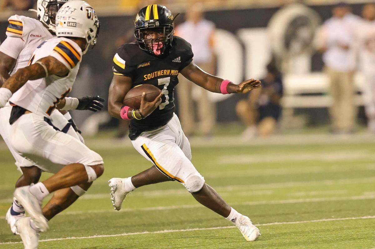 Southern Miss Golden Eagles running back Frank Gore Jr. (3) during the game between Southern Miss and UTEP at Hancock M.M. Roberts Stadium, Hattiesburg, MS, October 9, 2021.