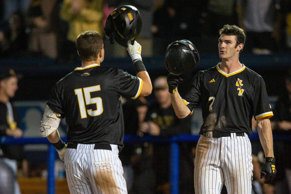 Southern Miss’ Drey Barrett and Jake Cook react after scoring during a game against Nicholls State at Keesler Federal Park in Biloxi on Tuesday, March 25, 2025.