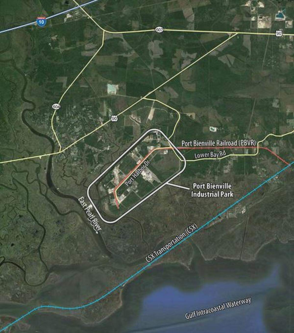 Port Bienville Industrial Park, south of U.S. 90, is about equal distance from Interstate 10 going Mississippi 607, right, as it is using the oak-lined Mississippi 604, left.