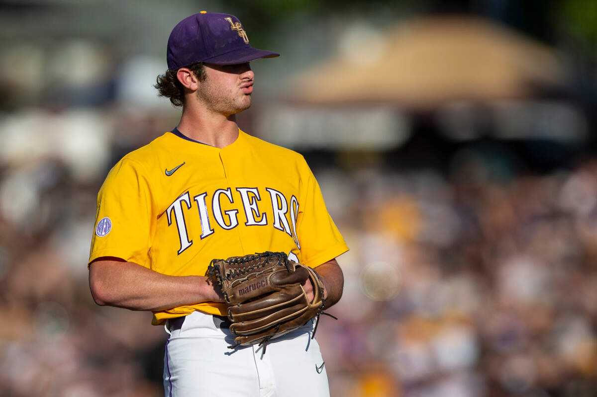 LSU pitcher Ty Floyd reacts after throwing a pitch against Southern Miss during Game Four of NCAA Regionals at Pete Taylor Park in Hattiesburg on Saturday, June 4, 2022.