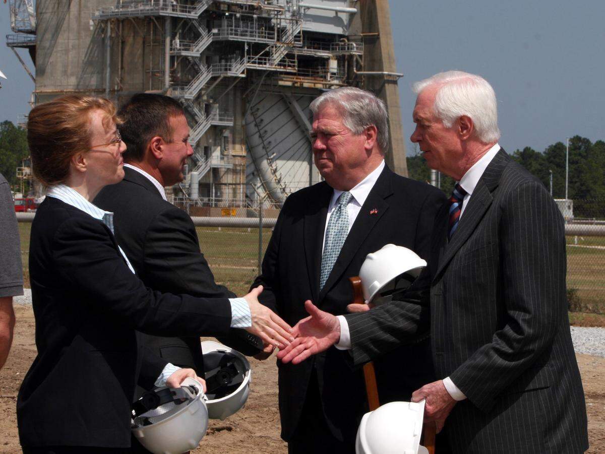 Left to right, Shana Dale, NASA Deputy Administrator, Richard Gibrech, SSC Center Director, Gov. Haley Barbour and Sen. Thad Cochran talk after groundbreaking ceremony for an A3 Test Stand in 2007.