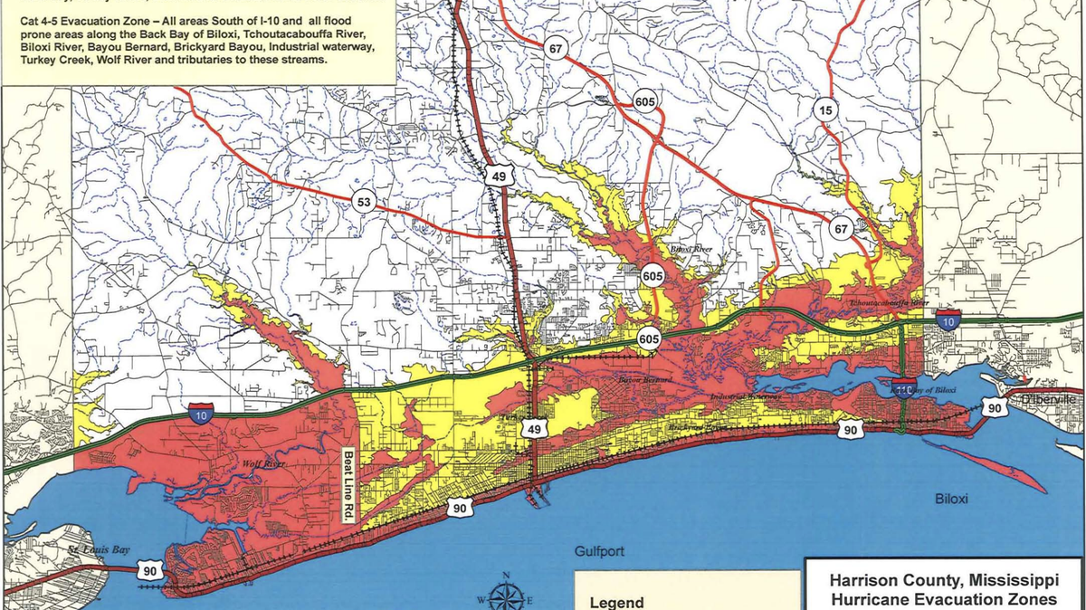 Hurricane evacuation zone map for Harrison County.