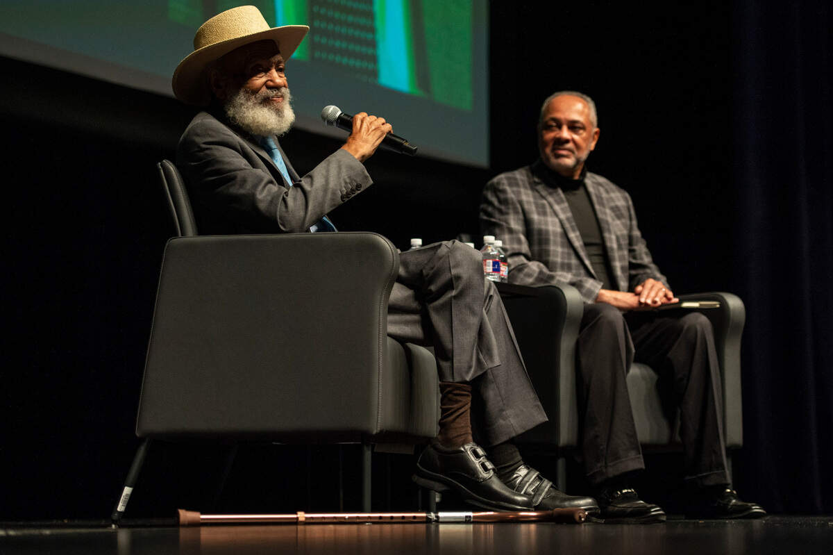 Civil rights icon James Meredith, left, and Pastor John Whitfield during Meredith’s speech at the Immersive Media Performing Arts Center at Mississippi Gulf Coast Community College in Gulfport on Wednesday, Nov. 17, 2021. Meredith is currently touring on his “last mission from God,” a speaking tour about moral character and Christianity.
