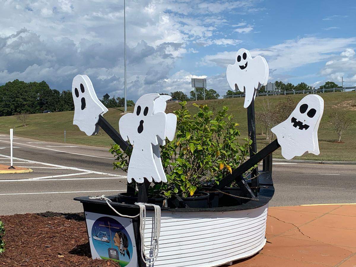 Ghosts in a boat are part of the Halloween decor in D’Iberville. Cities across the Coast are sponsoring Trunk or Treat celebrations and other events in October.