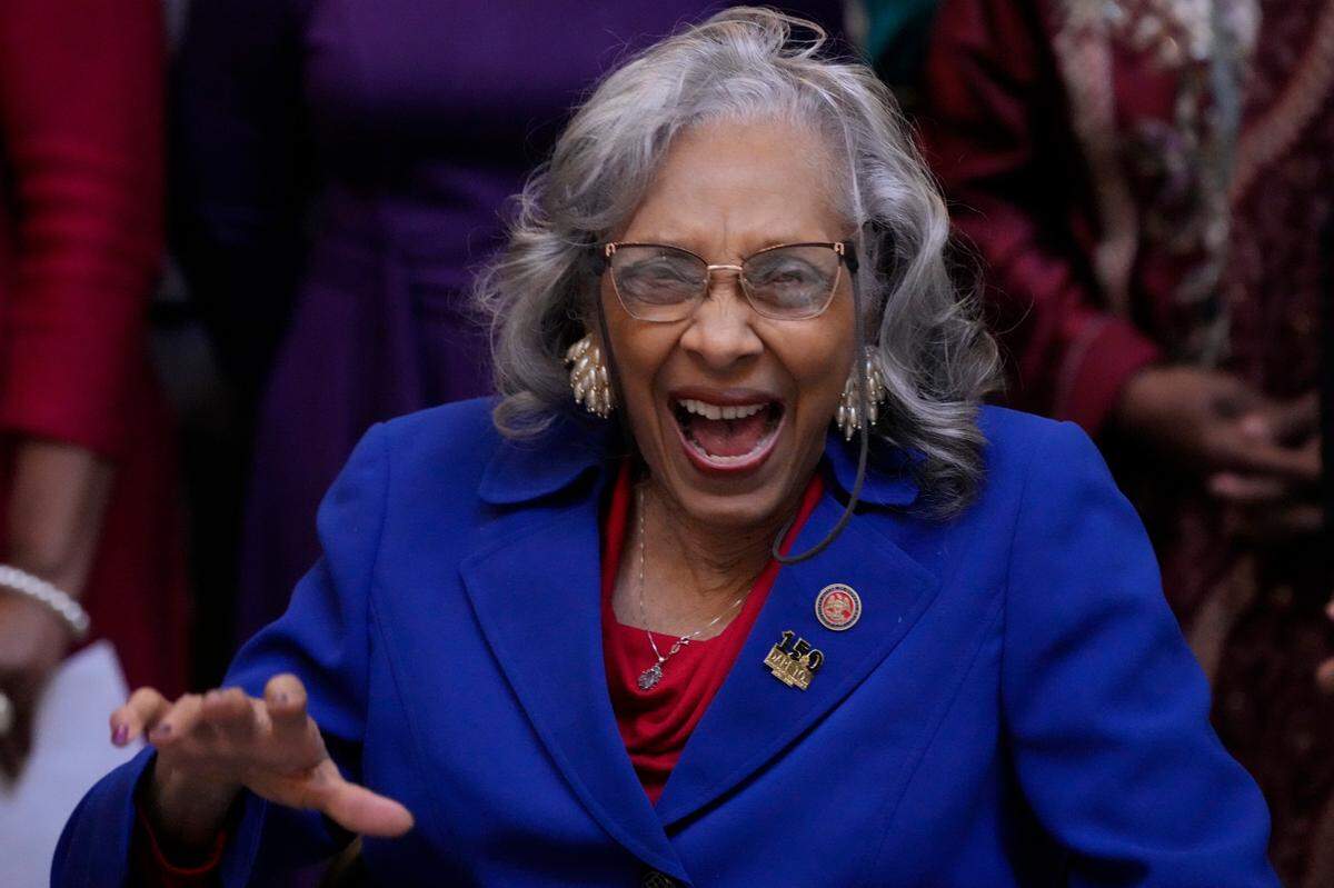 Former State Rep. Alyce Clarke, D-Jackson, laughs at comments made during a ceremony for the unveiling of her official portrait in the Mississippi State Capitol in Jackson.