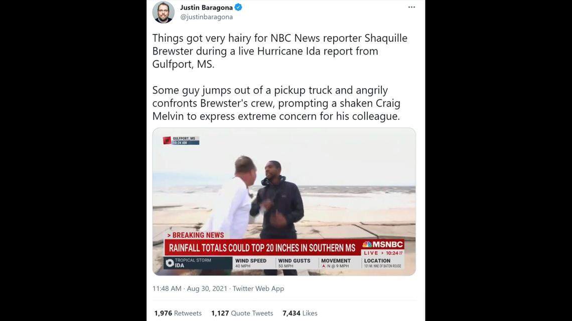 MSNBC reporter Shaquille Brewster was updating viewers on the aftermath of Hurricane Ida in Gulfport, Mississippi, when he was accosted by a passerby.