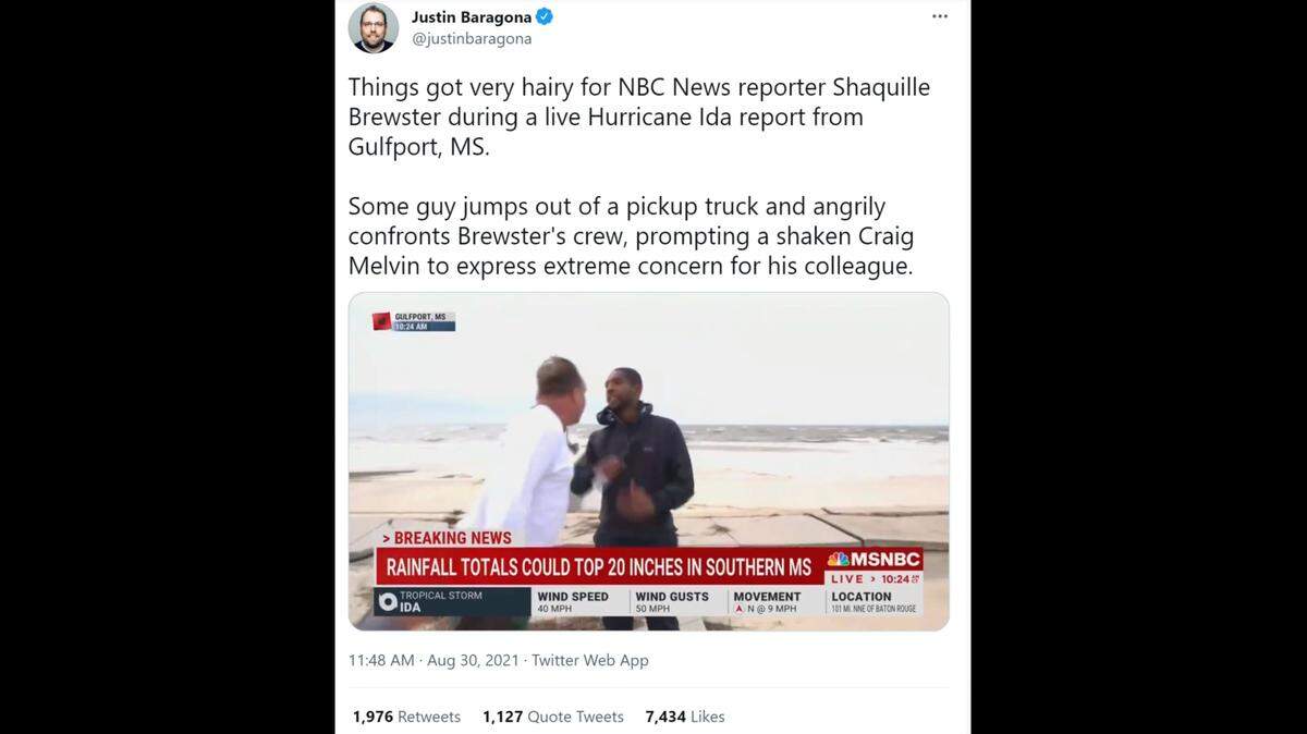 MSNBC reporter Shaquille Brewster was updating viewers on the aftermath of Hurricane Ida in Gulfport, Mississippi, when he was accosted by a passerby.