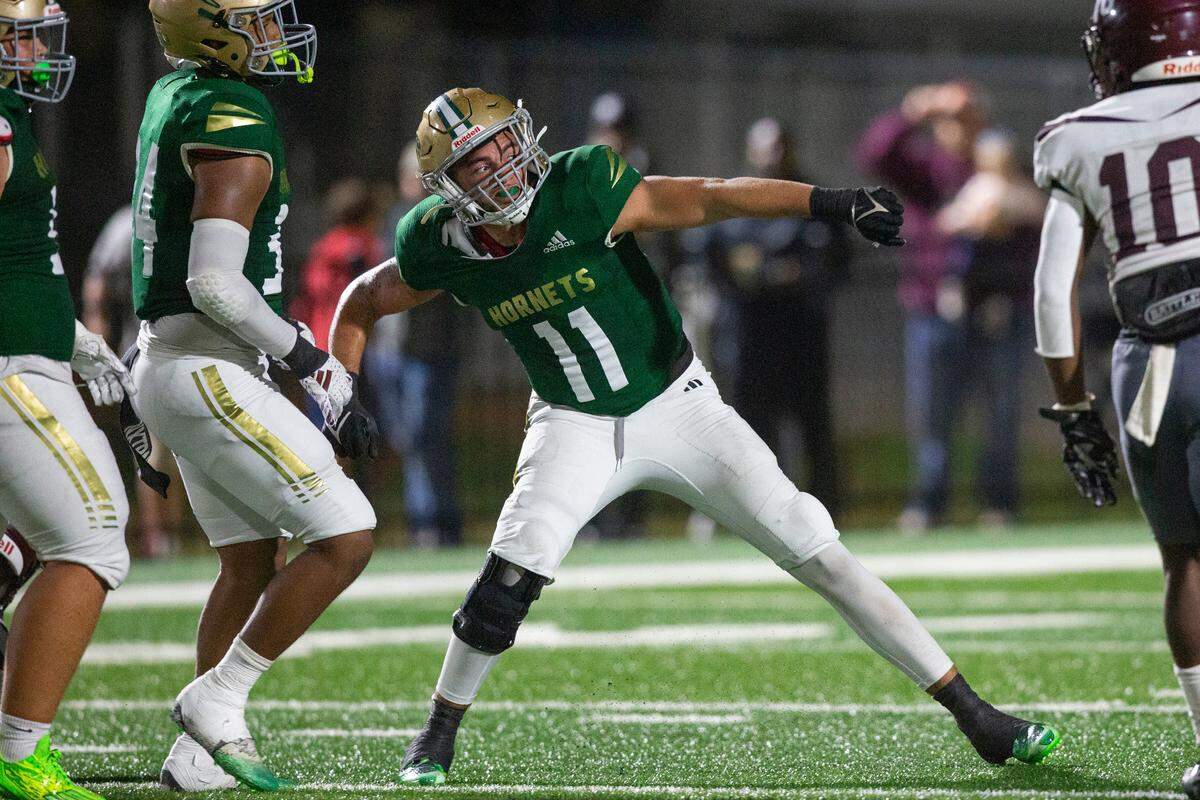 Poplarville’s Aden Dedeaux reacts after a play during a playoff game against Forrest County Agricultural High School at Poplarville High School in Poplarville on Friday, Nov. 10, 2023.