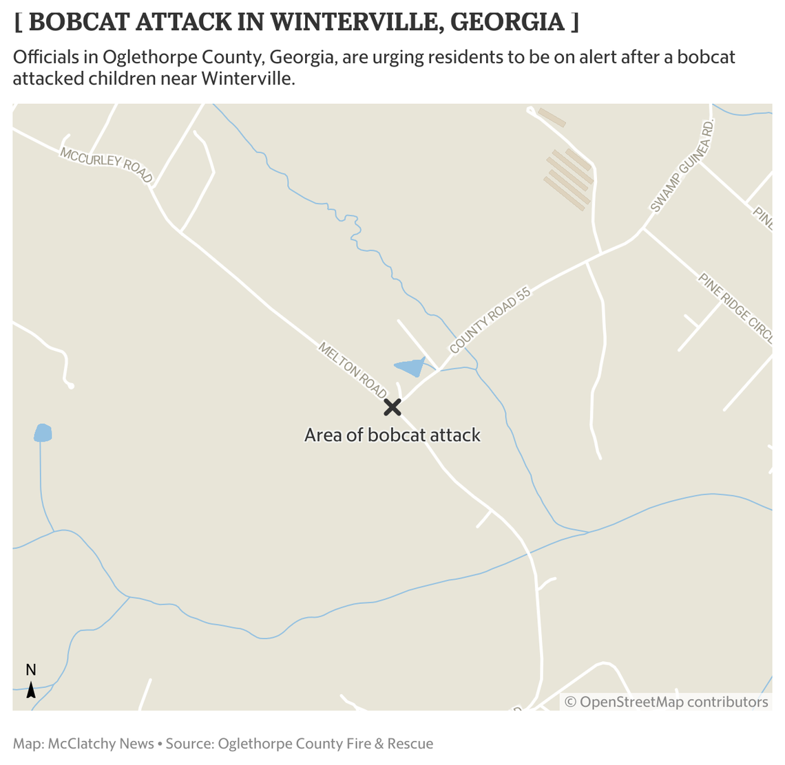 A map shows the area of a reported bobcat attack in Oglethorpe County, Georgia.
