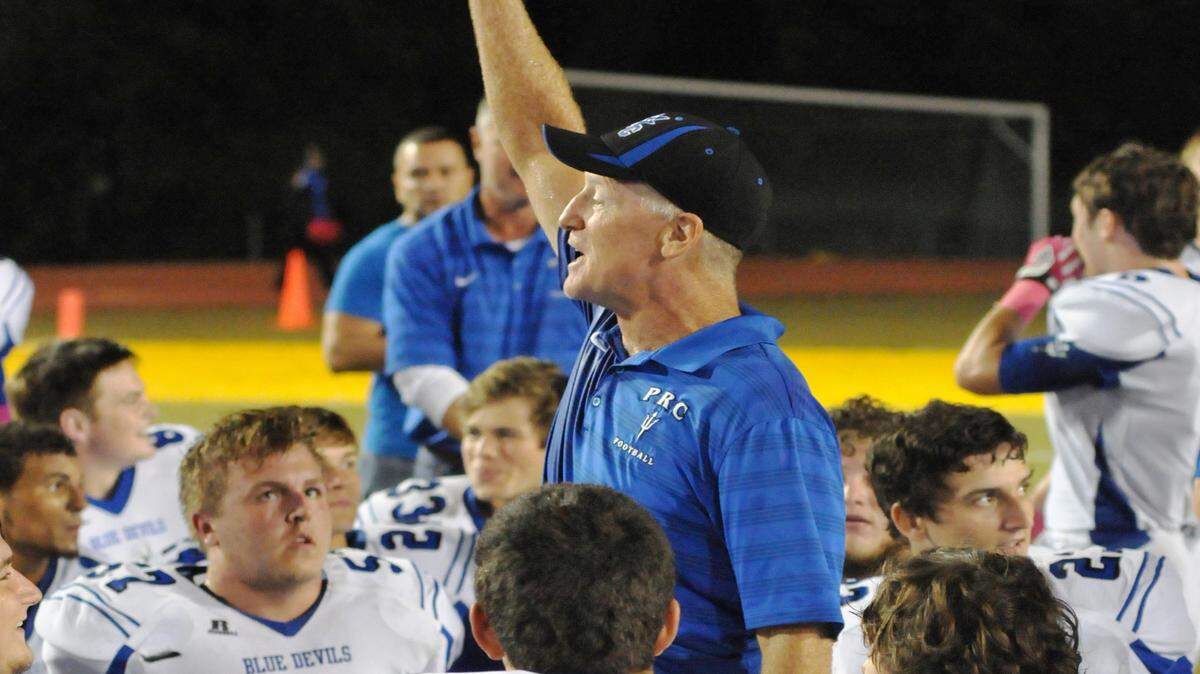 CHRIS MARQUETTE The Picayune Item 
 PRC Head Coach Eric Collins rallies his team after beating Hattiesburg on Friday night.