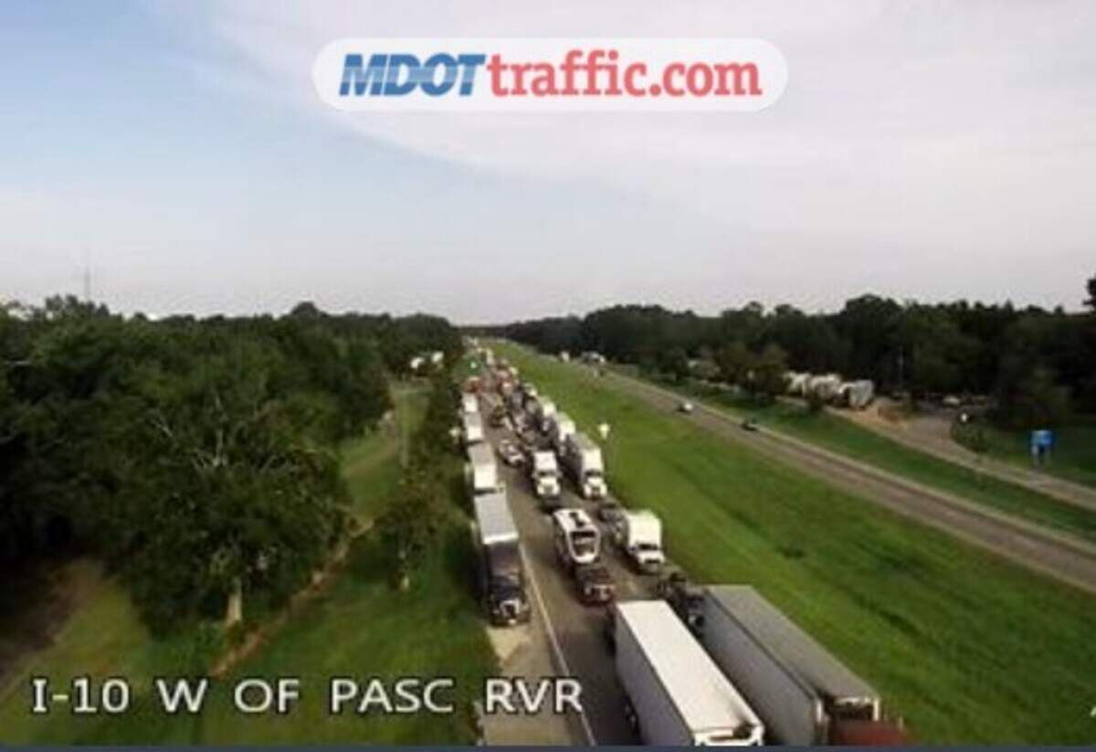 Traffic is backed up Sunday, June 14, 2026, after a crash closed eastbound lanes of I-10 in Jackson County.