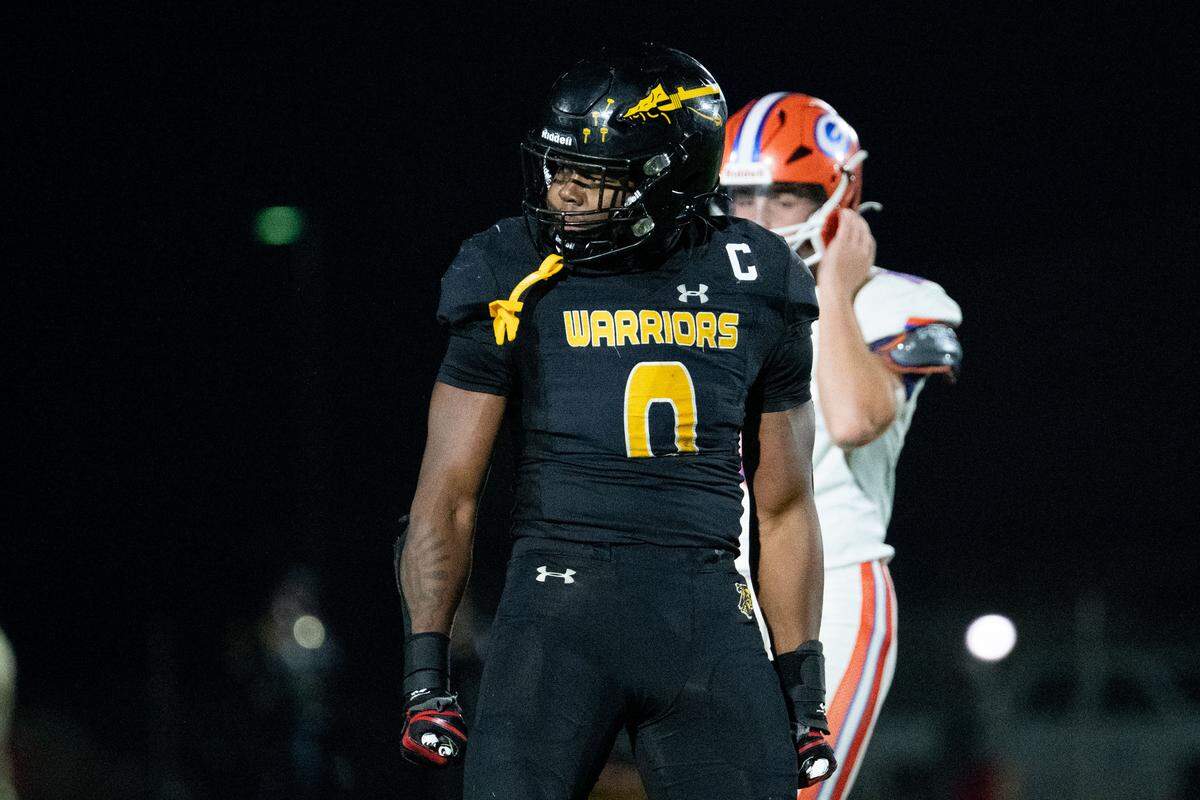 D’Iberville linebacker Caleb Triplett (0) celebrates after getting a sack during a football game at Warrior Stadium on Friday, Oct. 31, 2025.