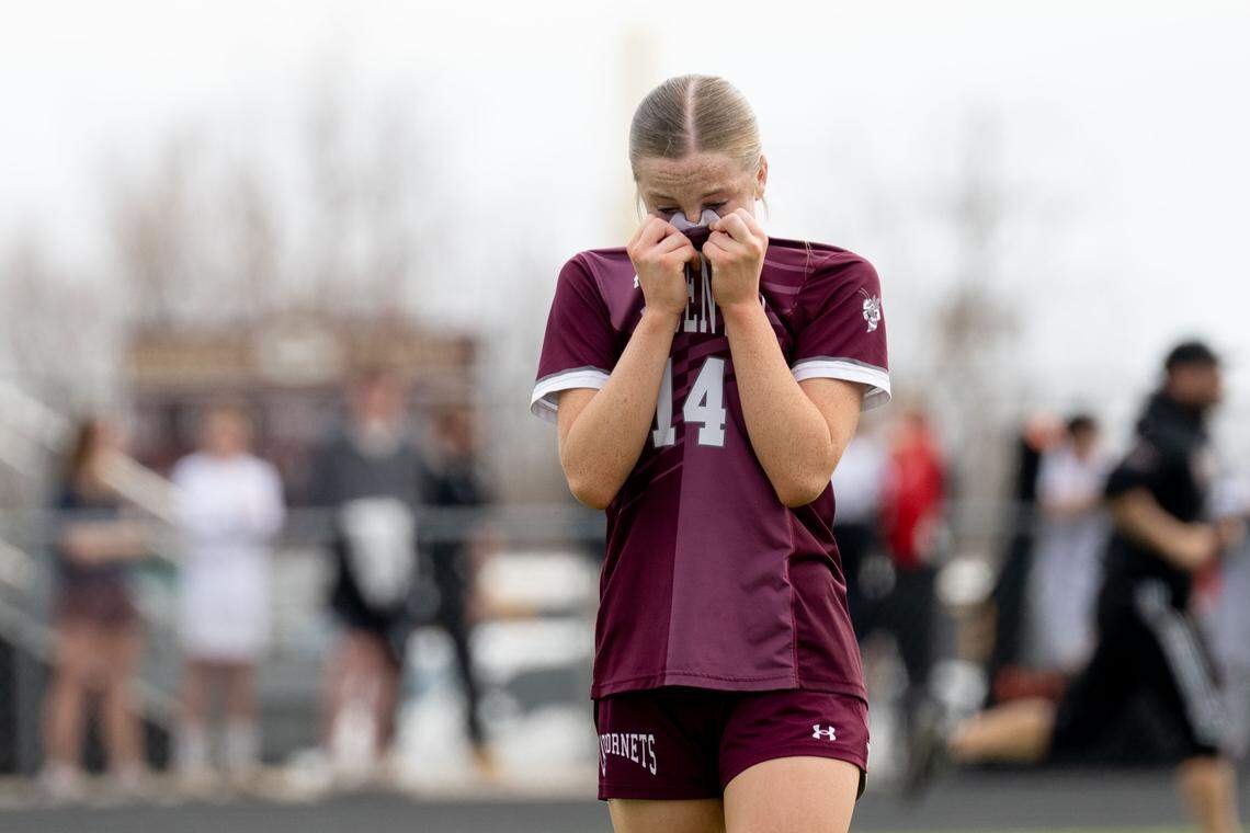 East Central's Lucy Myrick (14) reacts Saturday after the Lady Hornets fell in the Class 5A girls soccer state final.