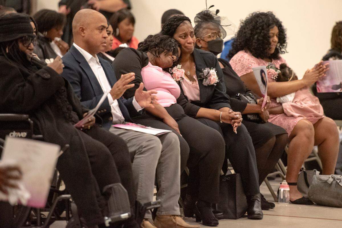 The family of Ni’Kyra Dedeaux reacts to speeches given during her funeral at Lyman Community Center in Gulfport on Friday, Jan. 10, 2025. Dedeaux was killed in an alleged terrorist attack on Bourbon Street in New Orleans on Jan. 1.