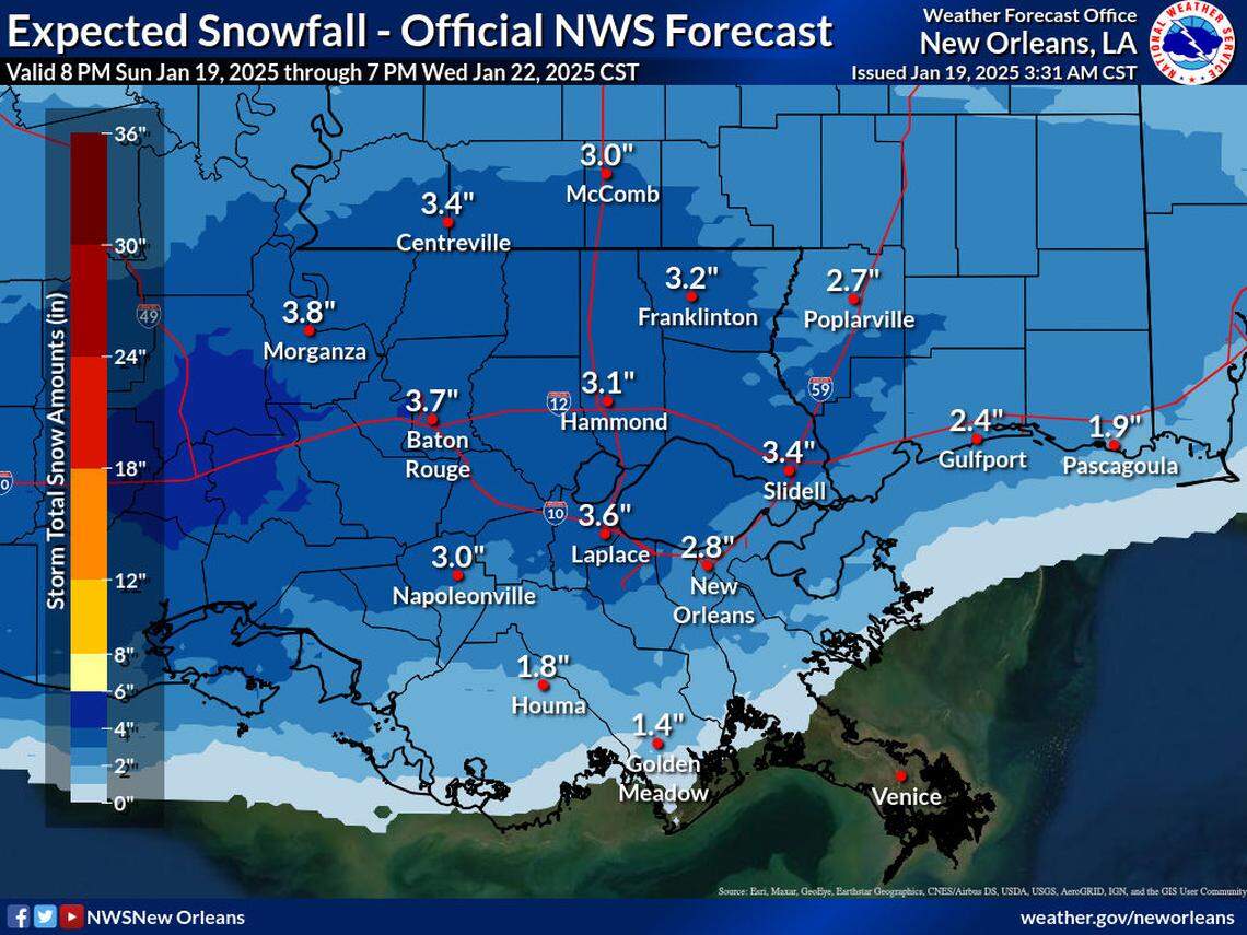 This graphic from the National Weather Service shows anticipated accumulations of snow for South Mississippi and surrounding areas. A winter storm warning is in effect from late Monday night to Tuesday evening for portions of southeast Louisiana and southern Mississippi.