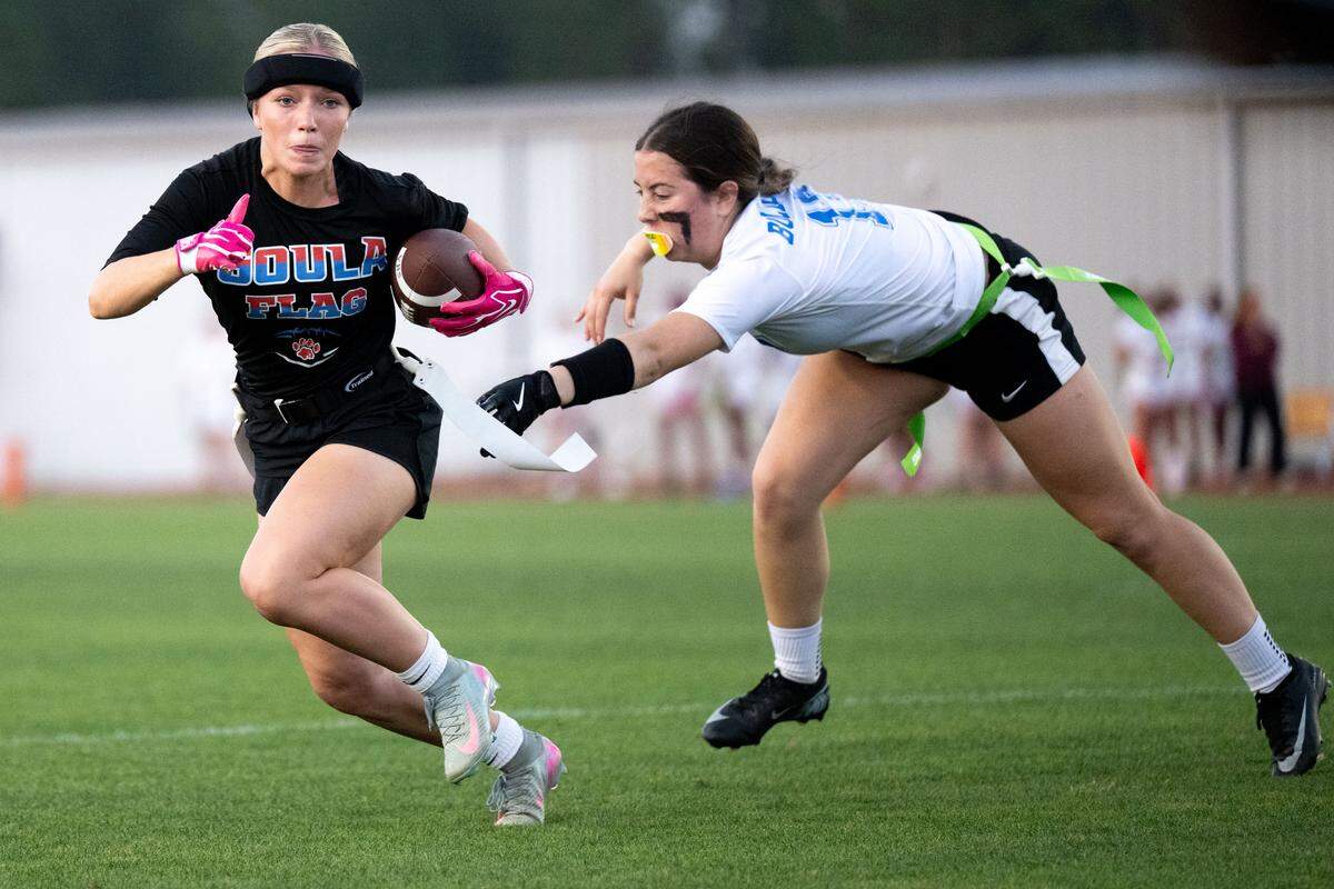 Pascagoula’s Whitney Matthews returns a punt during a flag football game at George County High School on Thursday, March 26, 2026.
