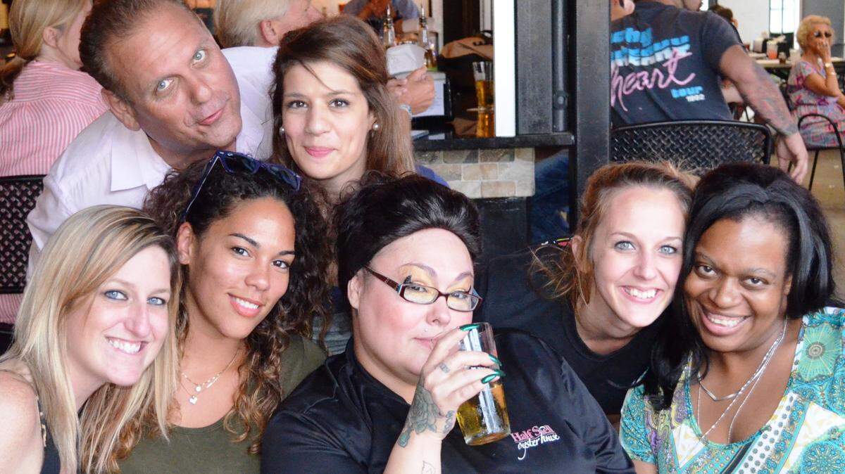 Leslie Ferguson, Randy Simmons, Margaret Crull, Stephanie Coghlan, Miranda Moore, Katie Lemain and Misha Sims at Leo's Wood Fired Pizza