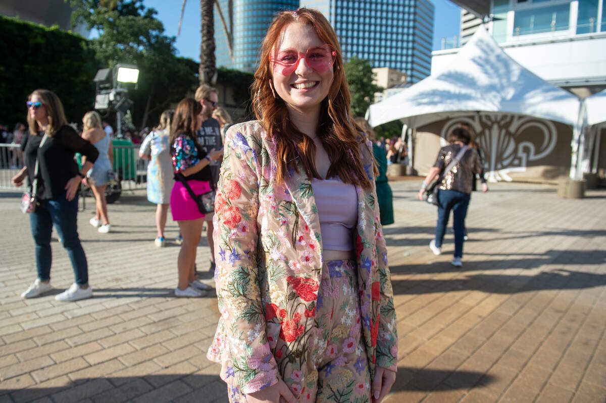 A fan shows off her outfit outside the Cesars Superdome in New Orleans on Friday, Oct. 25, 2024, before Taylor Swift’s Eras Tour performance that night.