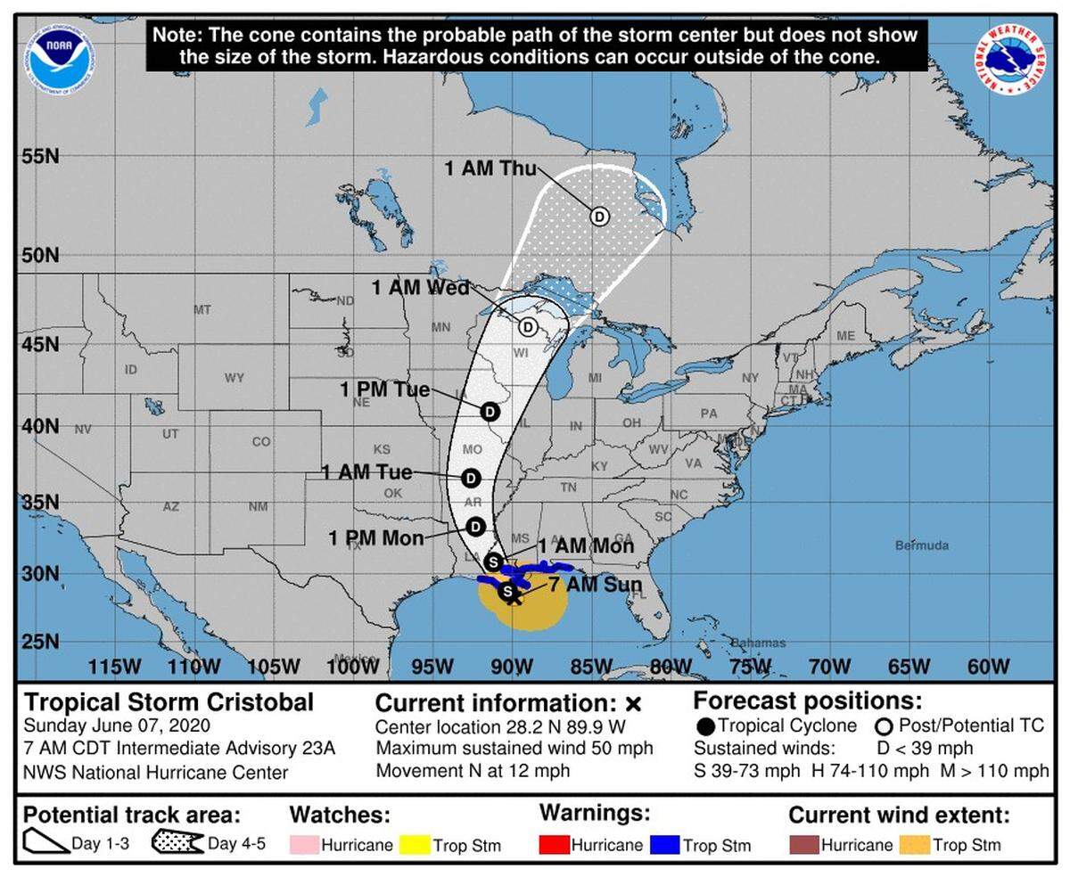 Here is the 7 a.m. Sunday tracking map of Cristobal.