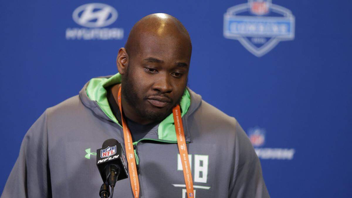 Mississippi offensive lineman Laremy Tunsil speaks during a press conference at the NFL football scouting combine in Indianapolis, Wednesday, Feb. 24, 2016. (AP Photo/Michael Conroy)
