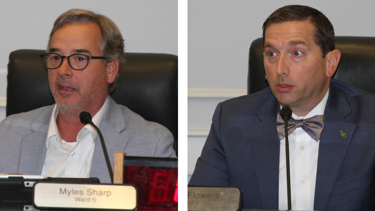 Gulfport Councilman R. Lee Flowers, right, and Councilman Myles Sharp during a Gulfport council meeting on Tuesday, Sept. 17, 2024.