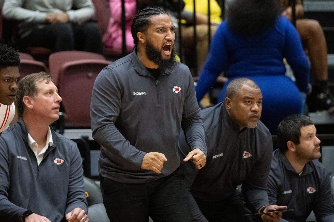 Biloxi assistant coach Kevin Walden celebrates a score during a boys basketball game at Pearl River Community College on Friday, Feb. 27, 2026.