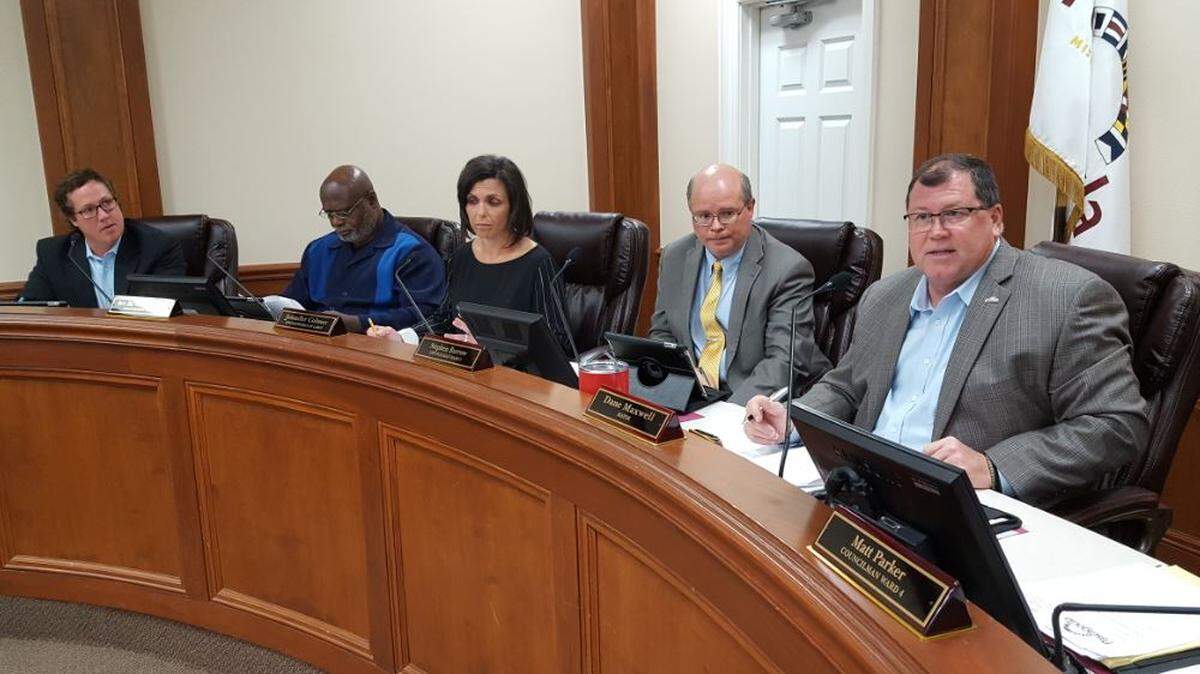 Members of the Pascagoula City Council and Mayor Dane Maxwell, right, are looking at ways to get out of the hole after a recent audit. A tax hike is one of them. This photo was taken at a 2017 council meeting.