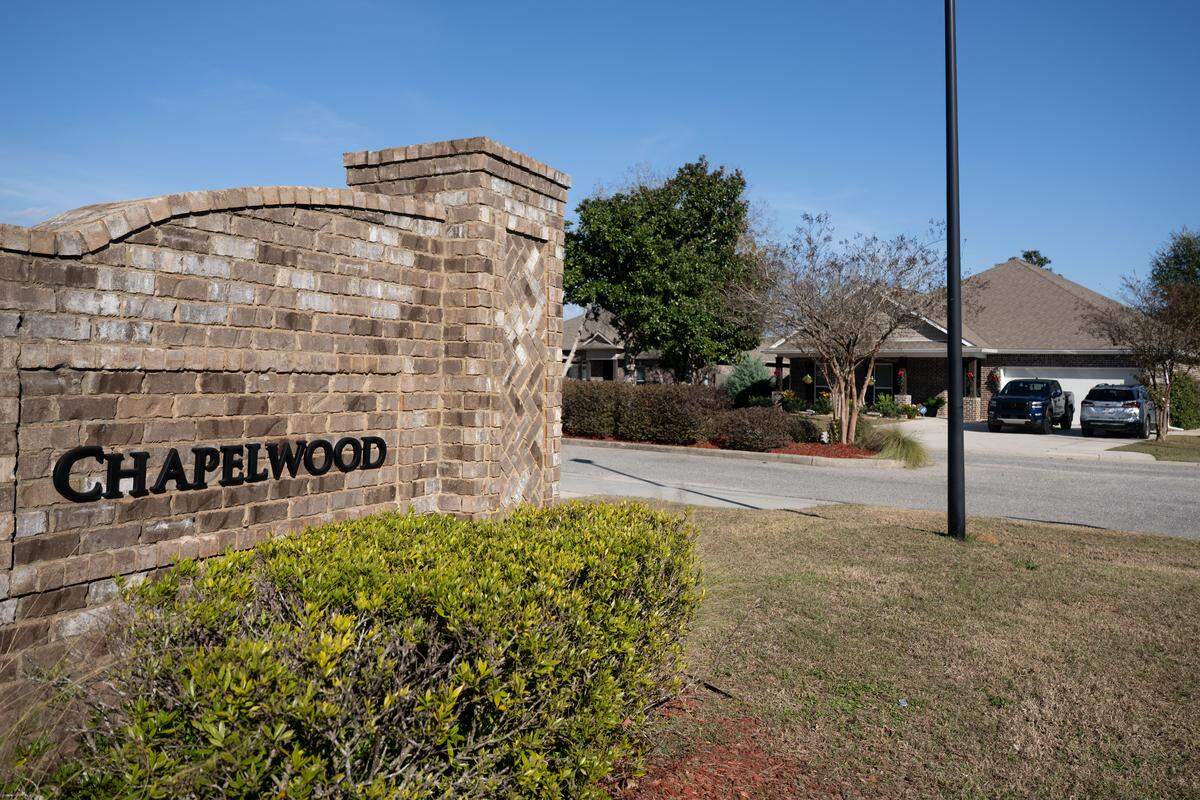 The entrance to Chapelwood, a subdivision in unincorporated Harrison County, where 39 subdivisions with 1,430 lots have been added to the tax rolls since 2022.