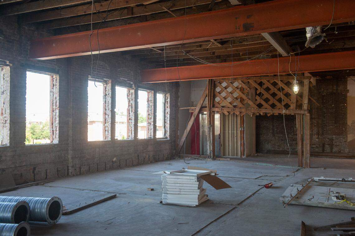 Original steel beams are exposed as renovations continue on the Barq Building, part of The District on Howard mixed-use development in downtown Biloxi. The second floor of the building will be developed as one- and two-bedroom apartments plus a restaurant space.