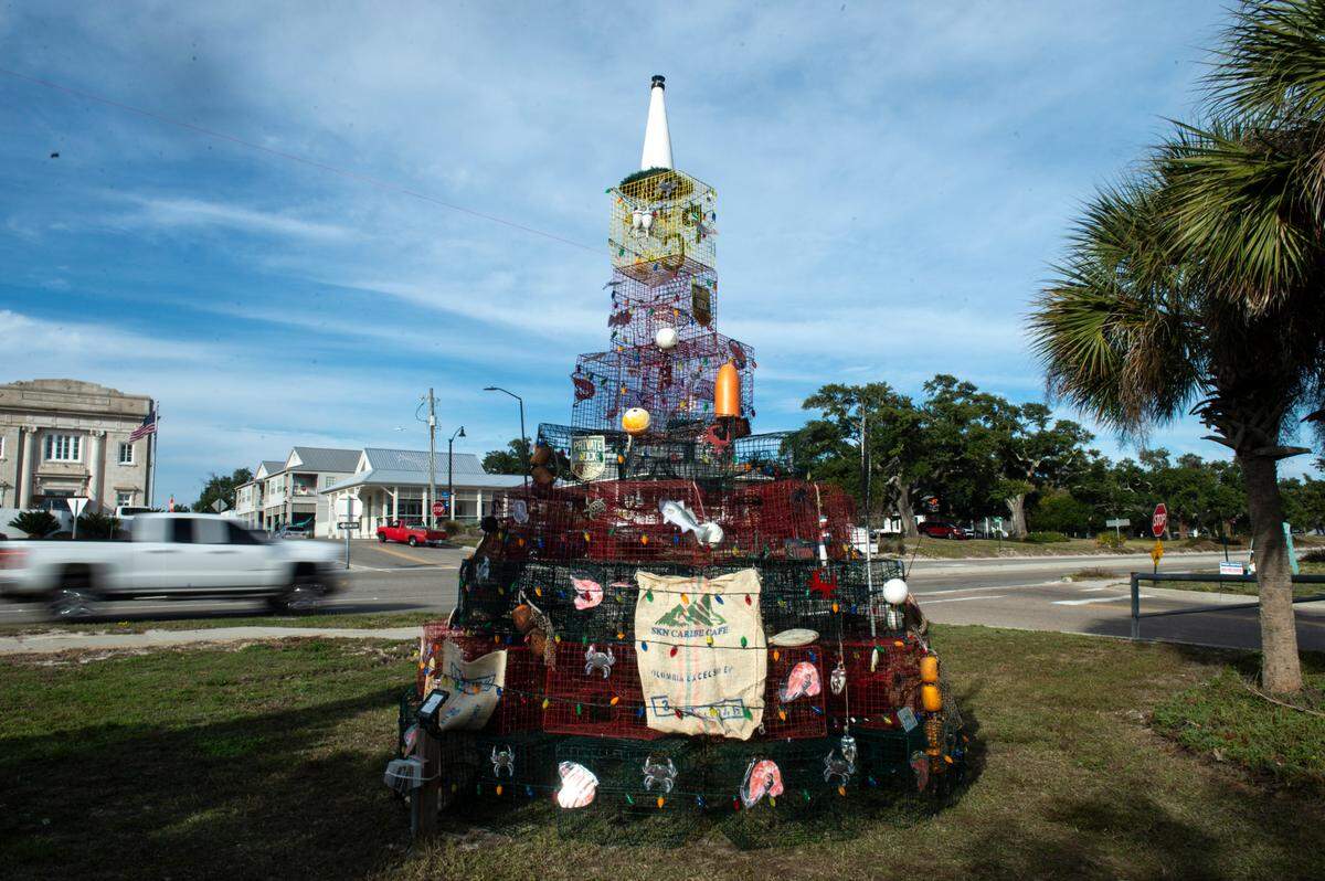 A Christmas tree made out of crab traps and other fishing equipment at the Pass Christian Harbor on Thursday, Nov. 30, 2023.
