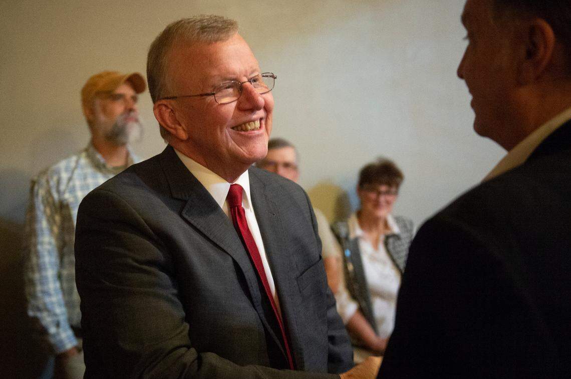 Jackson County Sheriff Mike Ezell shakes hands as he wins Mississippi’s 4th Congressional District race on election night at Grand Magnolia Ballroom and Suites in Pascagoula on Tuesday, Nov. 8, 2022.