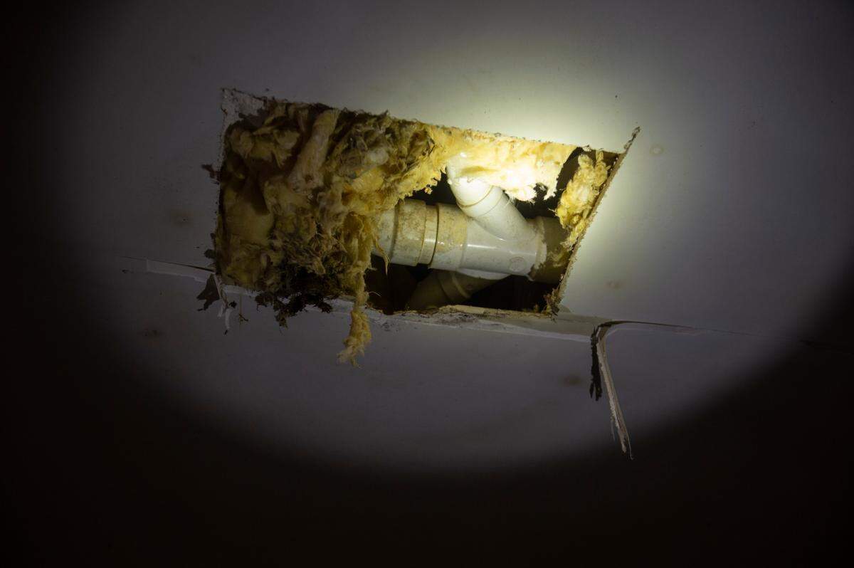 An open hole underneath Sarah Hampton’s rental home in North Street Villas on Wednesday, Oct. 25, 2023. Hampton says maintenance made the hole but never repaired it.