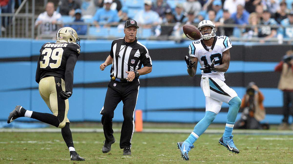 Carolina Panthers wide receiver Ted Ginn Jr. hauls in a 55-yard catch past New Orleans Saints cornerback Brandon Browner on Sept. 27 at Bank of America Stadium in Charlotte. 