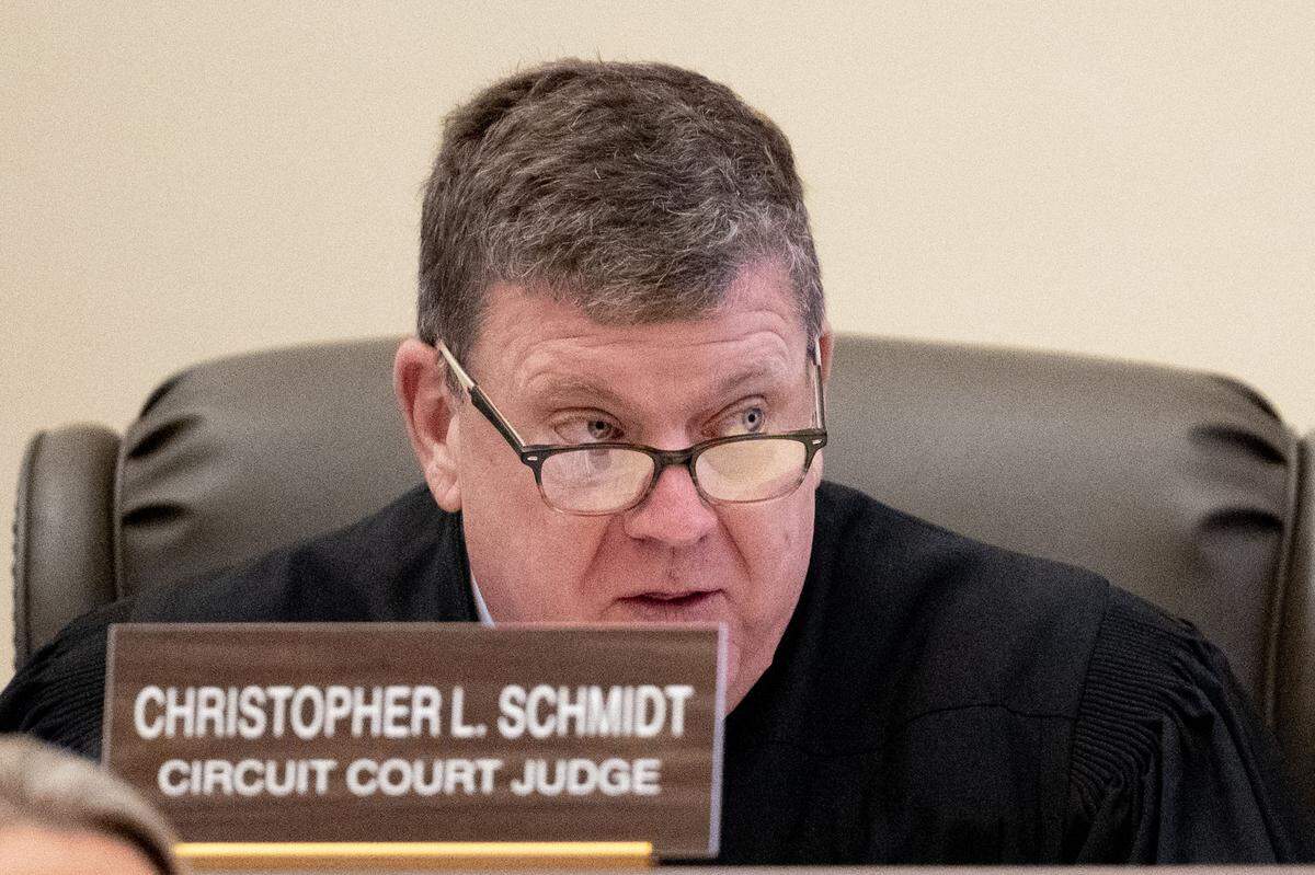Circuit Court Judge Christopher Schmidt speaks Oct. 21 during a motion hearing at Hancock County Circuit Court.