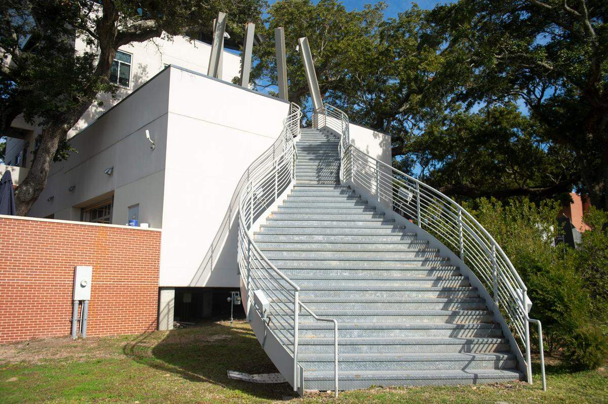 A staircase on the City of Biloxi Center for Ceramics at the Ohr-O’Keefe Museum of Art in Biloxi that Executive Director David Houston refers to as the ‘Marilyn Monroe staircase’ on Tuesday, Dec. 17, 2024. In 2025, the staircase will be completed by adding a large decorative metal framework around it.