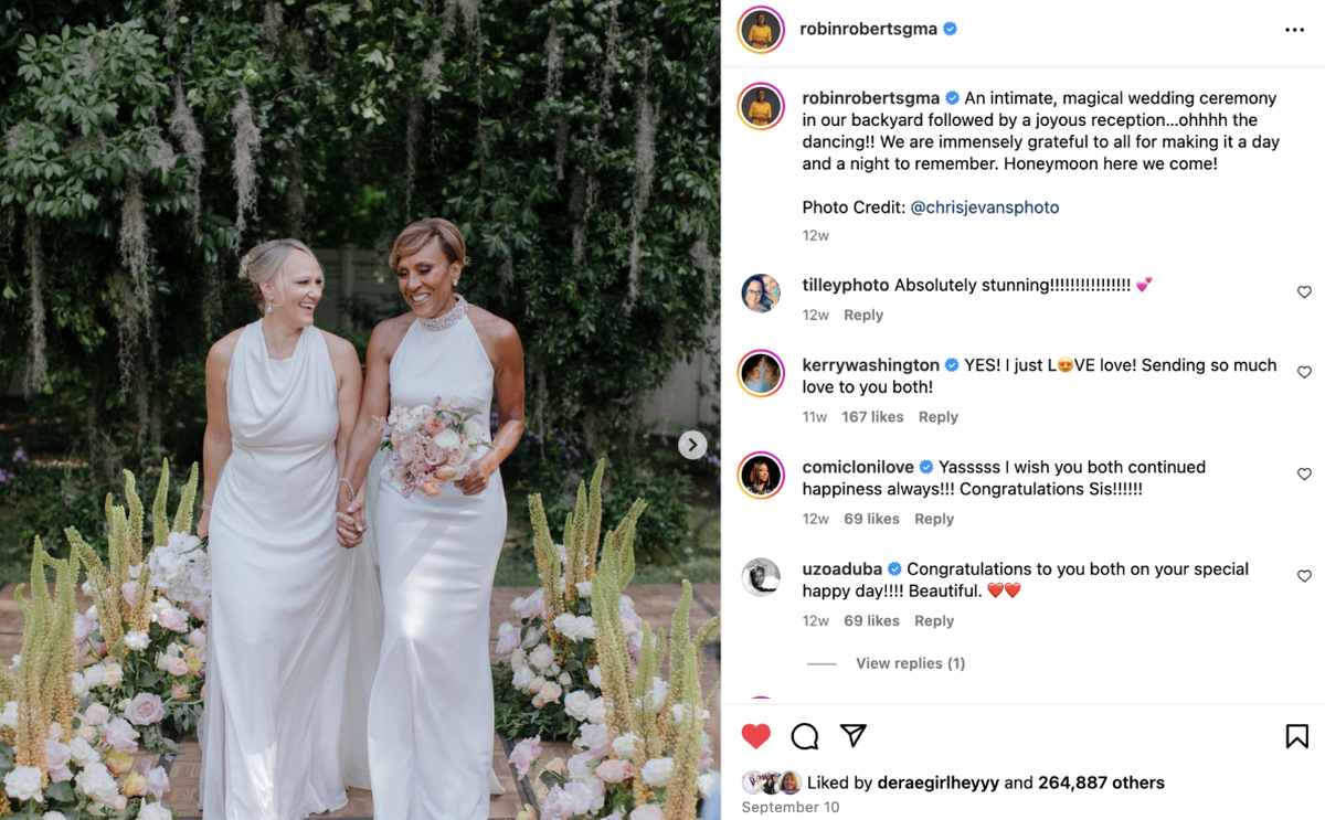 “Good Morning America” host Robin Roberts married her longtime parther, Amber Laign, on Sept. 9 in Connecticut.