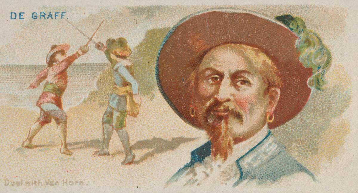 A cigarette card depicting de Graaf and his duel with pirate Van Hoorn, issued ca. 1888 in a set of 50 cards to promote Allen & Ginter brand cigarettes. There is no definitive depiction of de Graaf’s appearance.