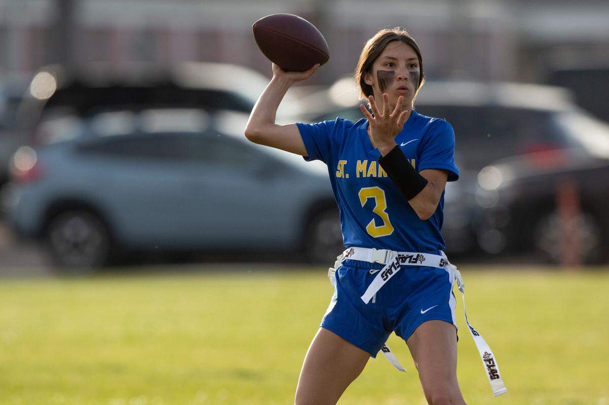 St. Martin’s Jalyn Nguyen looks for a pass during a game against Meridian at Lee-Triplett Stadium in Picayune on Thursday, March 27, 2025.