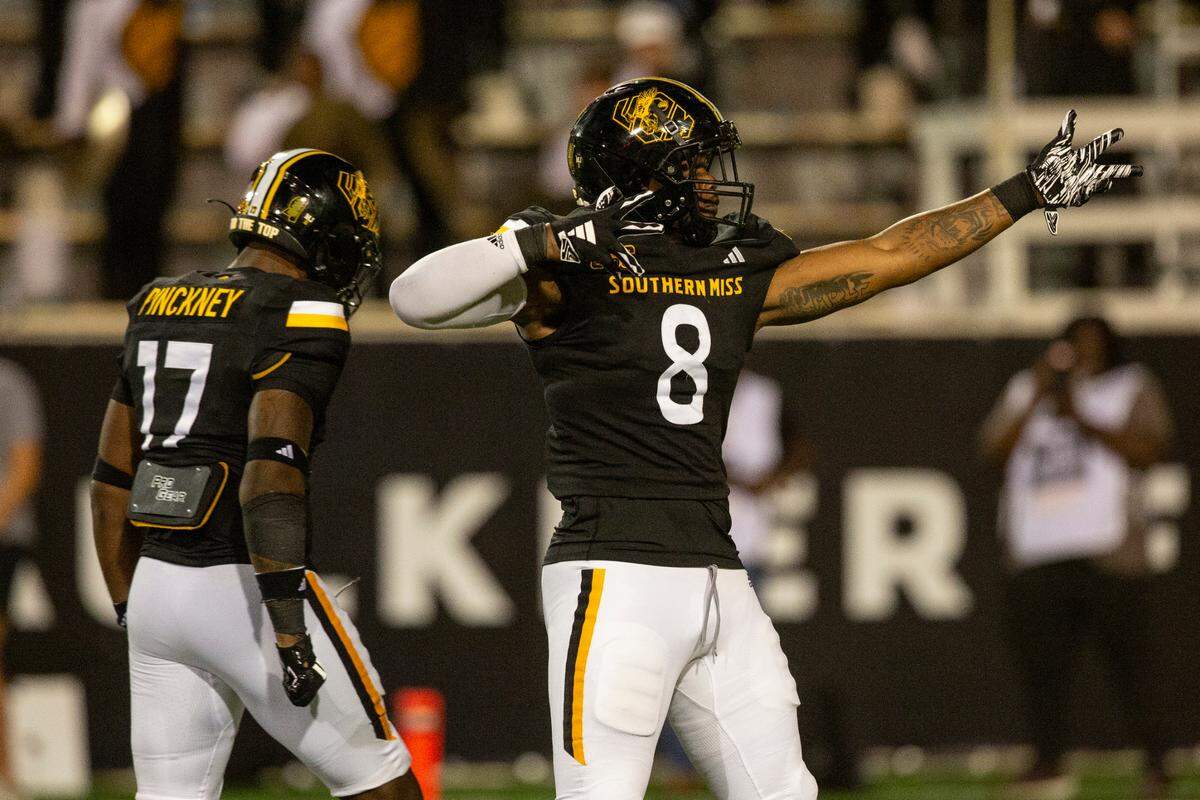 Southern Miss Golden Eagles linebacker Jalil Clemons (8) reacts after a play during a game between Southern Miss and Southeastern Louisiana at M.M. Roberts Stadium in Hattiesburg on Saturday, Sept. 7, 2024.