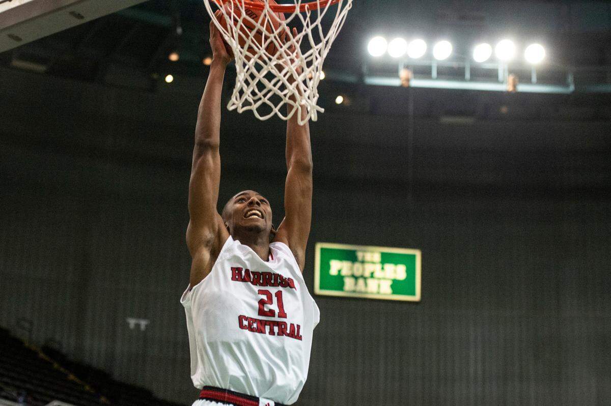 Harrison Central forward Sam Murray makes a dunk during Hoopsfest at the Mississippi Coast Coliseum in Biloxi on Saturday, Jan. 29, 2022.