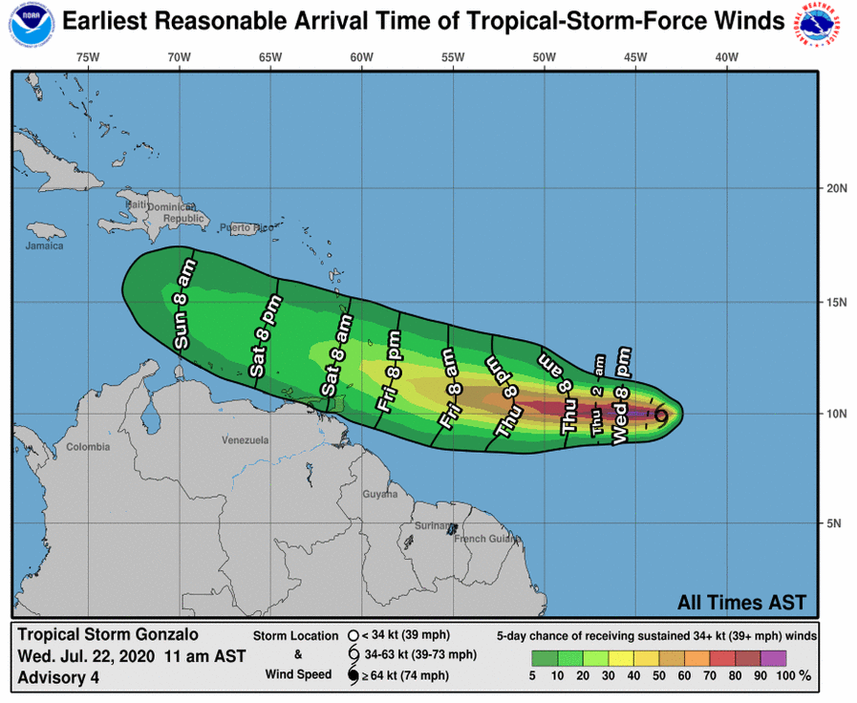 Earliest arrival time of tropical-storm-force winds associated with Tropical Storm Gonzalo.