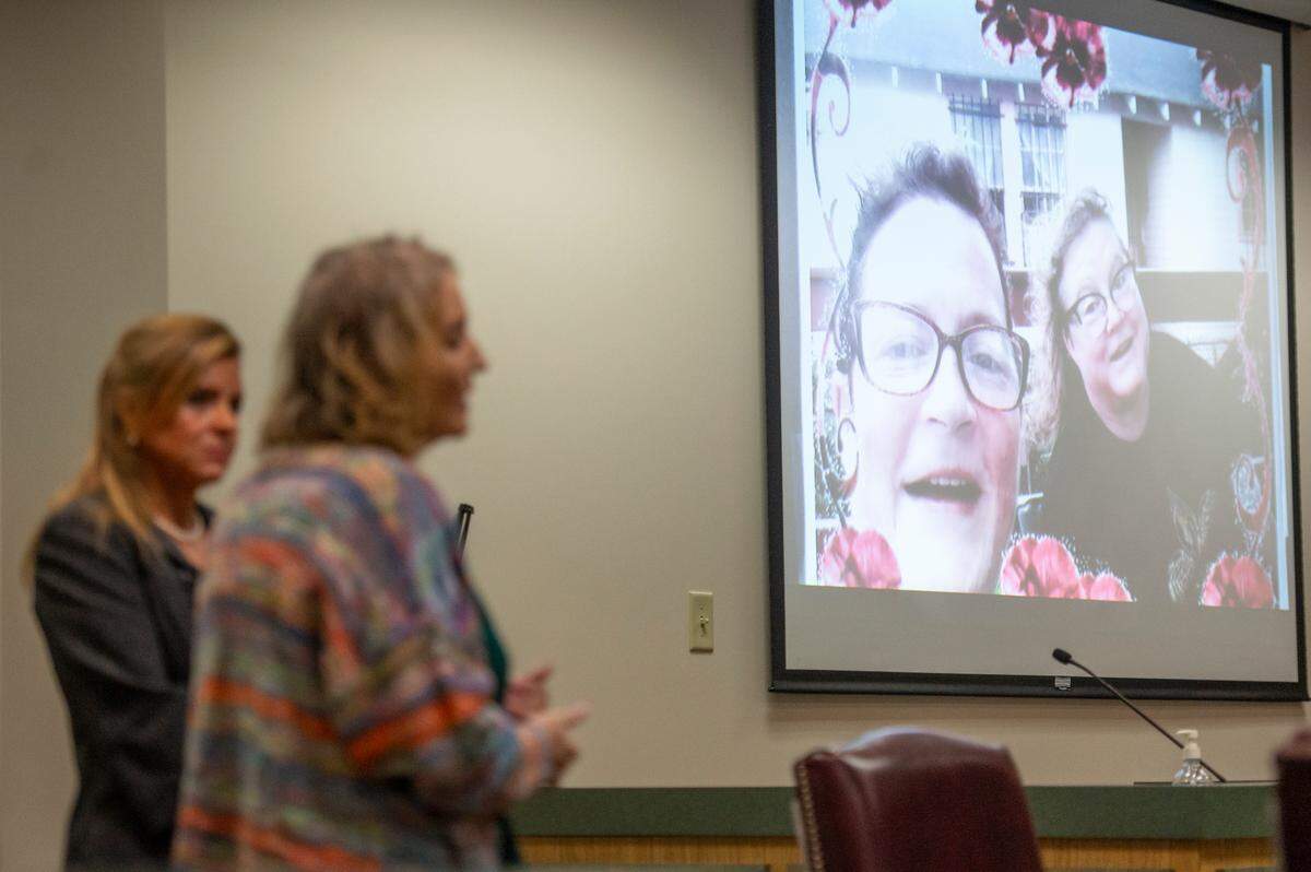 Catherine Haab gives an impact statement about the deaths of her friends Mary “Julie” Kelley and Elizabeth “Lisa” Kelley Conners during the sentencing of Joseph Leo Nangle in Jackson County Circuit Court on Tuesday, Oct. 22, 2024. Nangle was sentenced to 50 years, with 45 to serve, in the DUI deaths of Mary “Julie” Kelley and Elizabeth “Lisa” Kelley Conners.