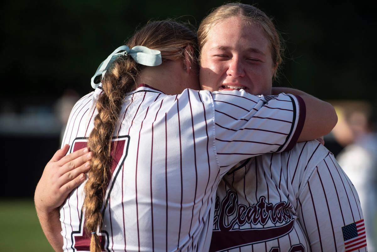 East Central’s Elizabeth Kennedy and Abigail Danis embrace after winning the MHSAA 5A Softball Championship at USM Softball Complex in Hattiesburg on Wednesday, May 14, 2025.