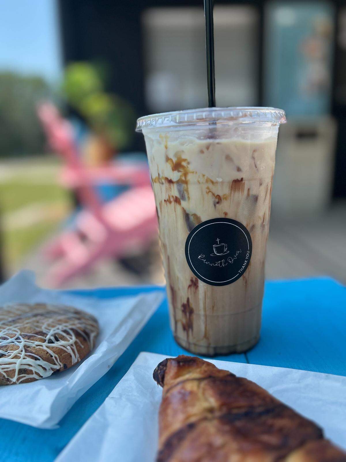 A chocolate croissant, muffin top and signature iced latte from Runneth Over in Pass Christian, Mississippi.